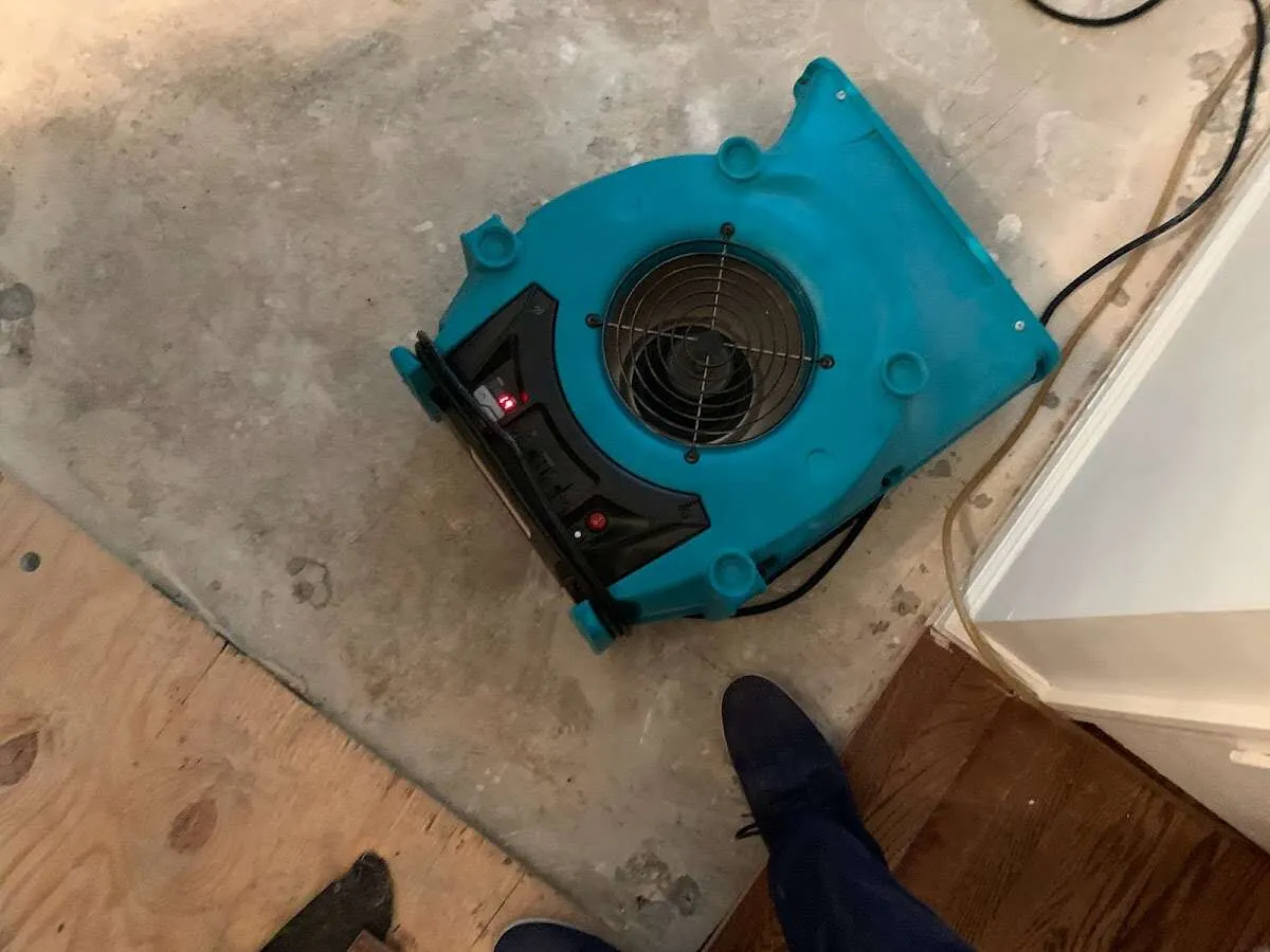 Air mover drying subfloor during Leak Detection & Repair in Monaca